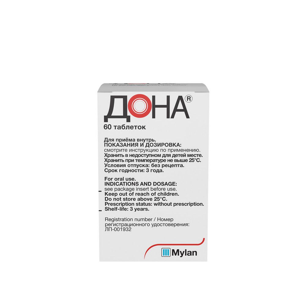 Дона, 750 мг, таблетки, покрытые пленочной оболочкой, 60 шт.